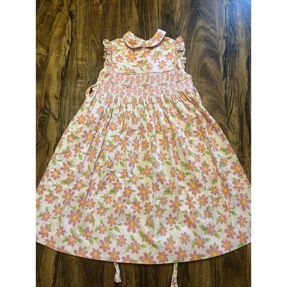 LAURA ASHLEY Girls Smocked Pink Floral Flutter Sleeve Peter Pan Collar Sz 6 - Picture 1 of 8